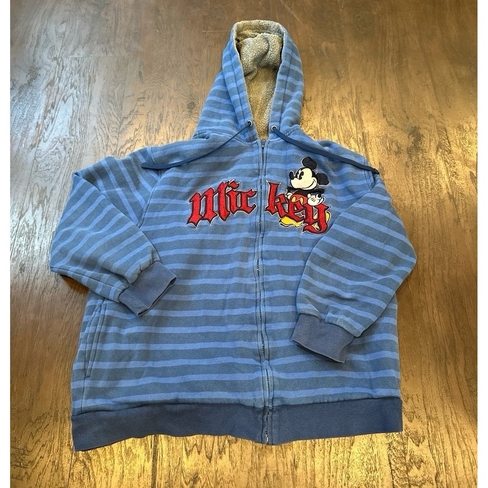 Disney Parks Mickey‎ Hoodie Pile Lined Graphic Blue Grey Striped